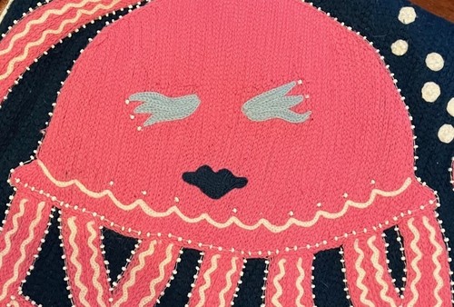 Pottery Barn Kids Embroidered Pink Octopus Pillow Cover Navy Blue 16" x 16" - Picture 2 of 4