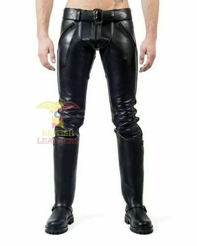 Men's Real Cowhide Leather Pants Double Zip BLUF Biker Lederhosen Lederjean Cuir