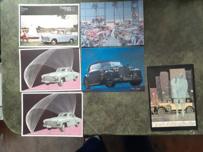6 Vintage Foreign Car Post Cards Trabant 601  MERCEDES Wartburg & Race Unposted