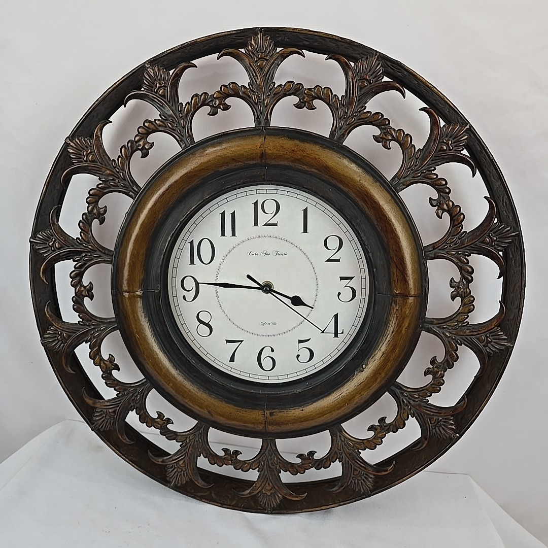 Decorative 19" Round Wall Clock Antique Style Bronze Colored Metal Frame Floral