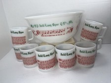 Vintage Tom Jerry Bowl 8 Mug Set Auld Lang Egg Nog Holiday White Red Hazel Mugs