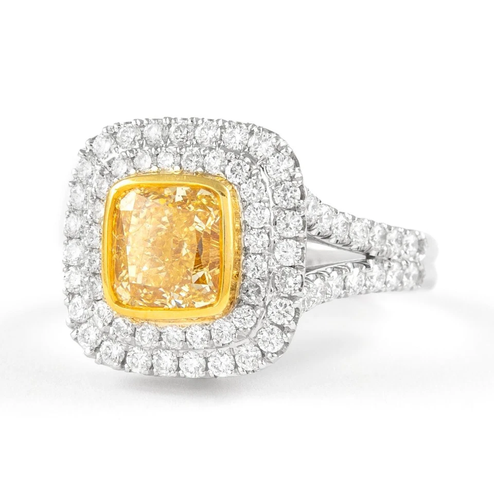 Anillo Alexander Beverly Hills GIA 2,32 quilates elegante amarillo VS2 cojín diamantes 18 k Foto 3 de 4