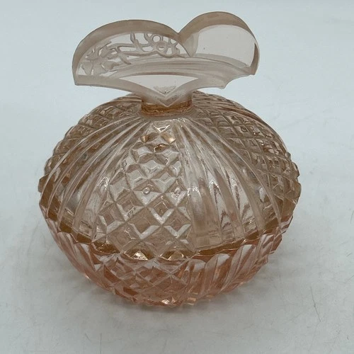 Pink Glass Diamond Cut Trinket Dish With Lid Etched