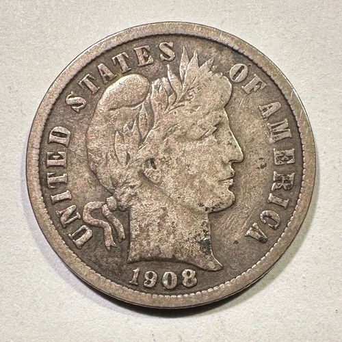1908 Barber Dime Liberty Head Silver Full Rims Album Coin Type Fresh to Market