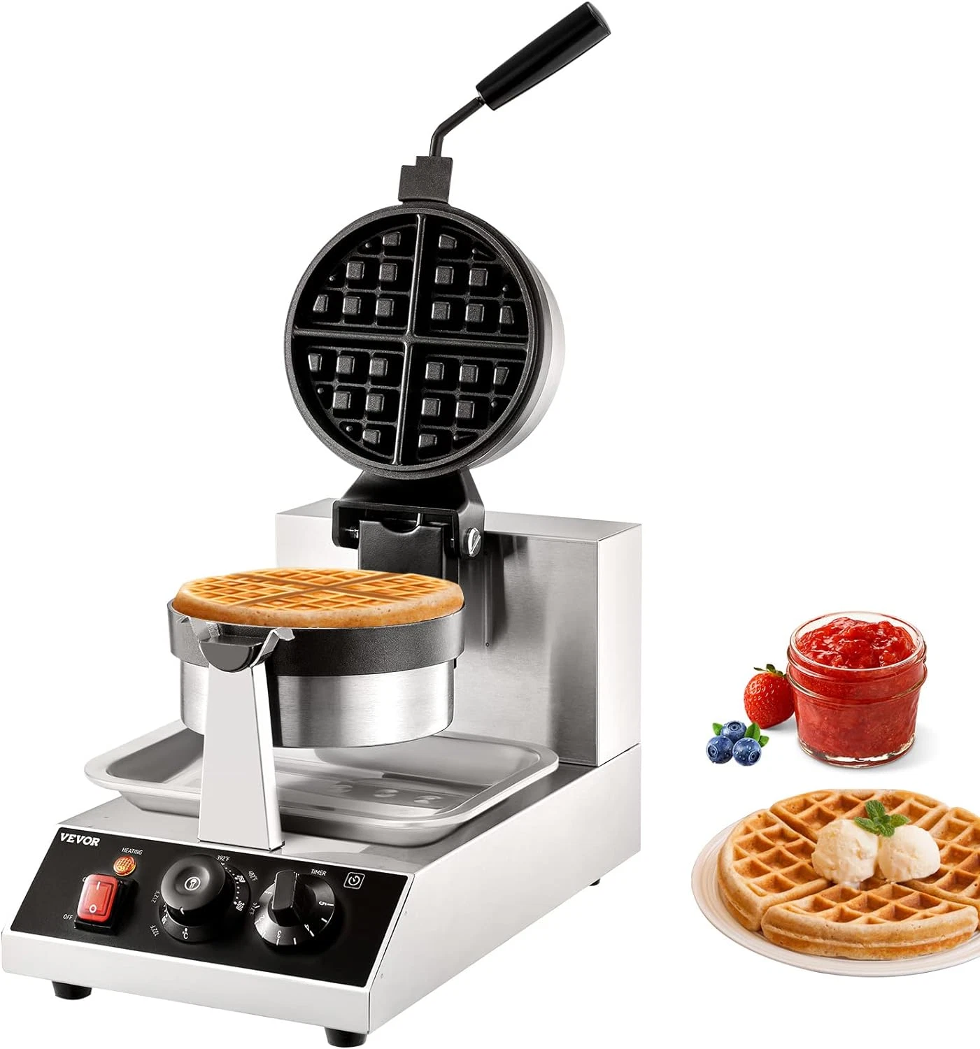 Commercial Waffle Maker, 1300W Round Waffle Iron, Non-Stick Rotatable Waffle Bak
