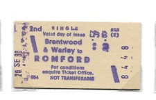 1980 Brentwood & Warley to Romford 2nd Class Single Railway Ticket BR BRB(E)