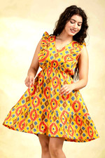 Cotton Ikat print yellow short dress tunic sexy party dress for women Sleeveless
