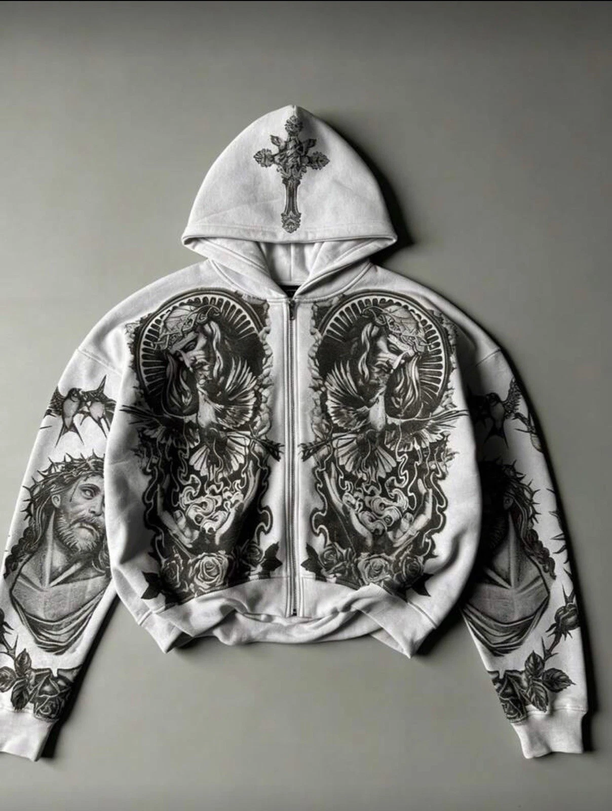 Gray Black Full Zip Fleece Hoodie Religious Tattoo Graphic Men's Size
Opens in a new window or tab