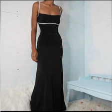 Nicole Bakti rhinestone trim black sheer panel gown XS