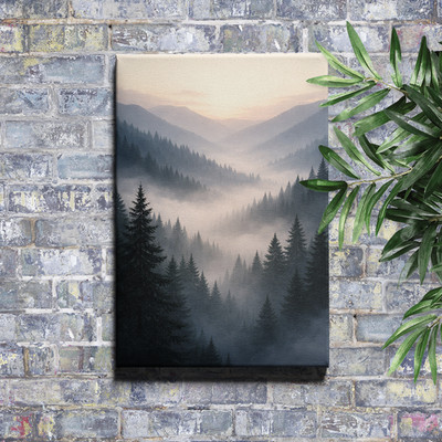 Layered Blue Mist Mountain Forest Canvas Print pine trees in foggy landscape