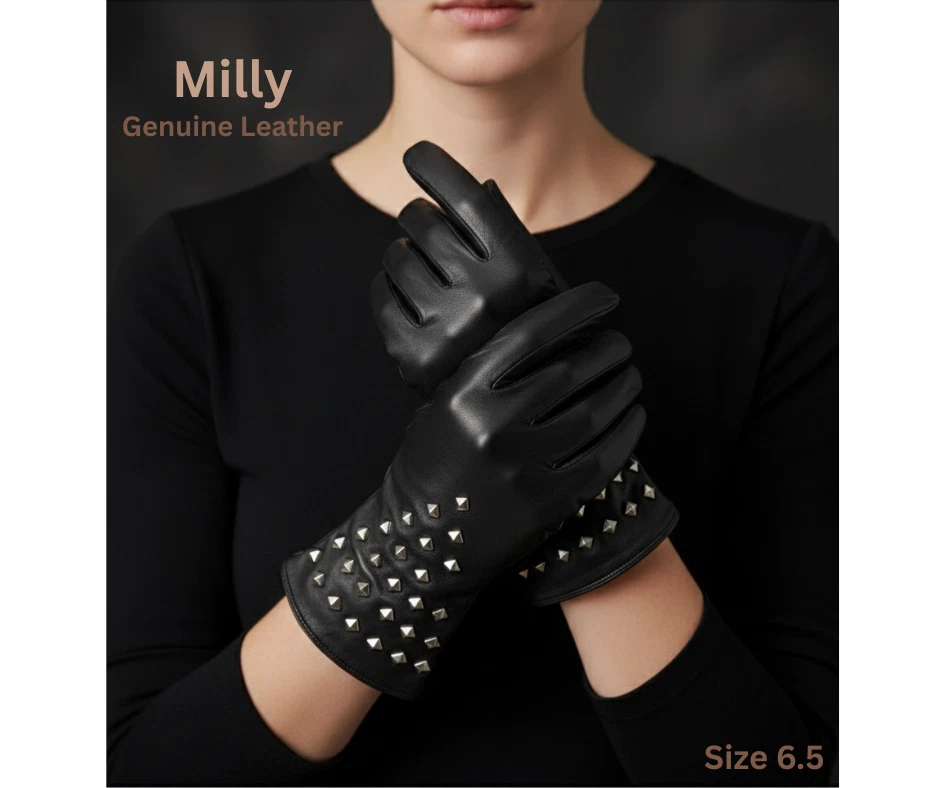 Milly Women Black Leather Studded Gloves 6.5 Winter Fashion Dressy Lambskin