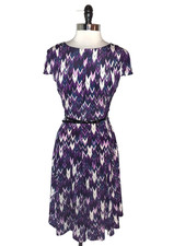 ELIZA J Size 8 A-Line Dress Black Purple Ivory Cap Sleeve Stretch Knee Length