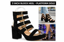 Black Platform Block Heels Sandals Womens Strappy Buckle Zip Party Shoes