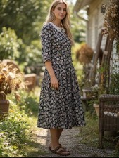 Vintage 90s Stuart Alan Dark Floral Pleated Midi Dress M Lace Collar Cottagecore