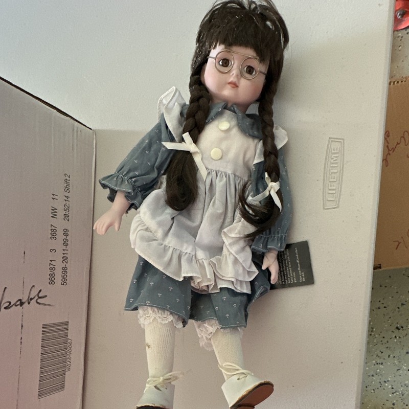 House of Lloyd Porcelain Girl Doll Braided Brown Hair Blue Dress White Apron