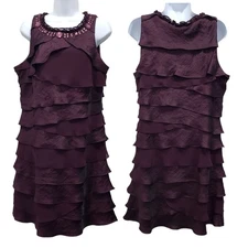 SL Fashions Tiered Ruffled Sheath Dress Shimmer Beaded Neck Event Plum Size 14