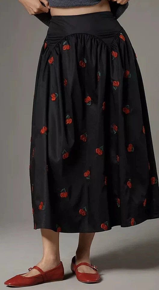 Falda midi Anthropologie Avec Les Filles apliques de cereza completa preppy grande nueva con etiquetas