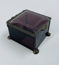 Leaded Brass Trinket Box Purple-Stained Glass Side Beveled Clear Top Mirror Base