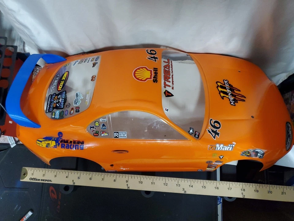 1995 Toyota Supra Painted Orange RC Body 1/10 WB 333mm/22S/DR10/Slash/Drag Used  - Image 3 of 4
