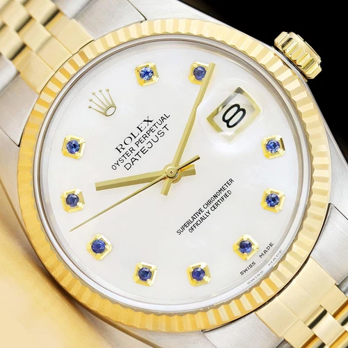 ROLEX MENS DATEJUST 16013 MOTHER OF PEARL SAPPHIRE DIAL 18K YELLOW GOLD SS WATCH