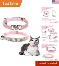 Adjustable Velvet Cat Collar with Shiny Rhinestones  Bells - Pack of 2 - Pink