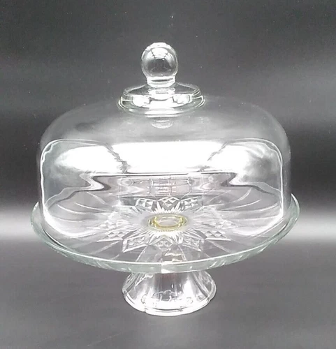 Vintage Anchor Hocking Pedestal Glass Cake Stand with Dome, w/ Starburst Pattern