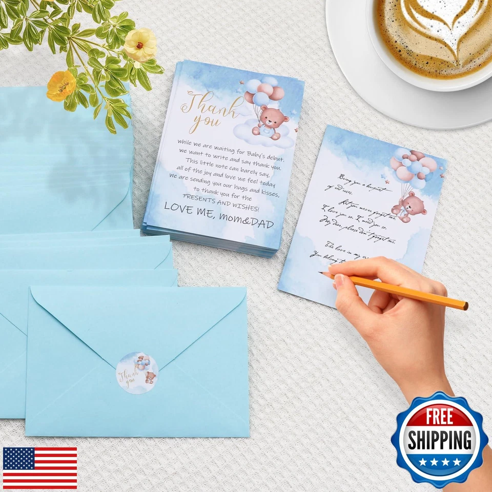 BYBOUS 50 Pack Baby Shower Thank You Cards with Envelopes Stickers - Cute Bea - Image 3 of 4