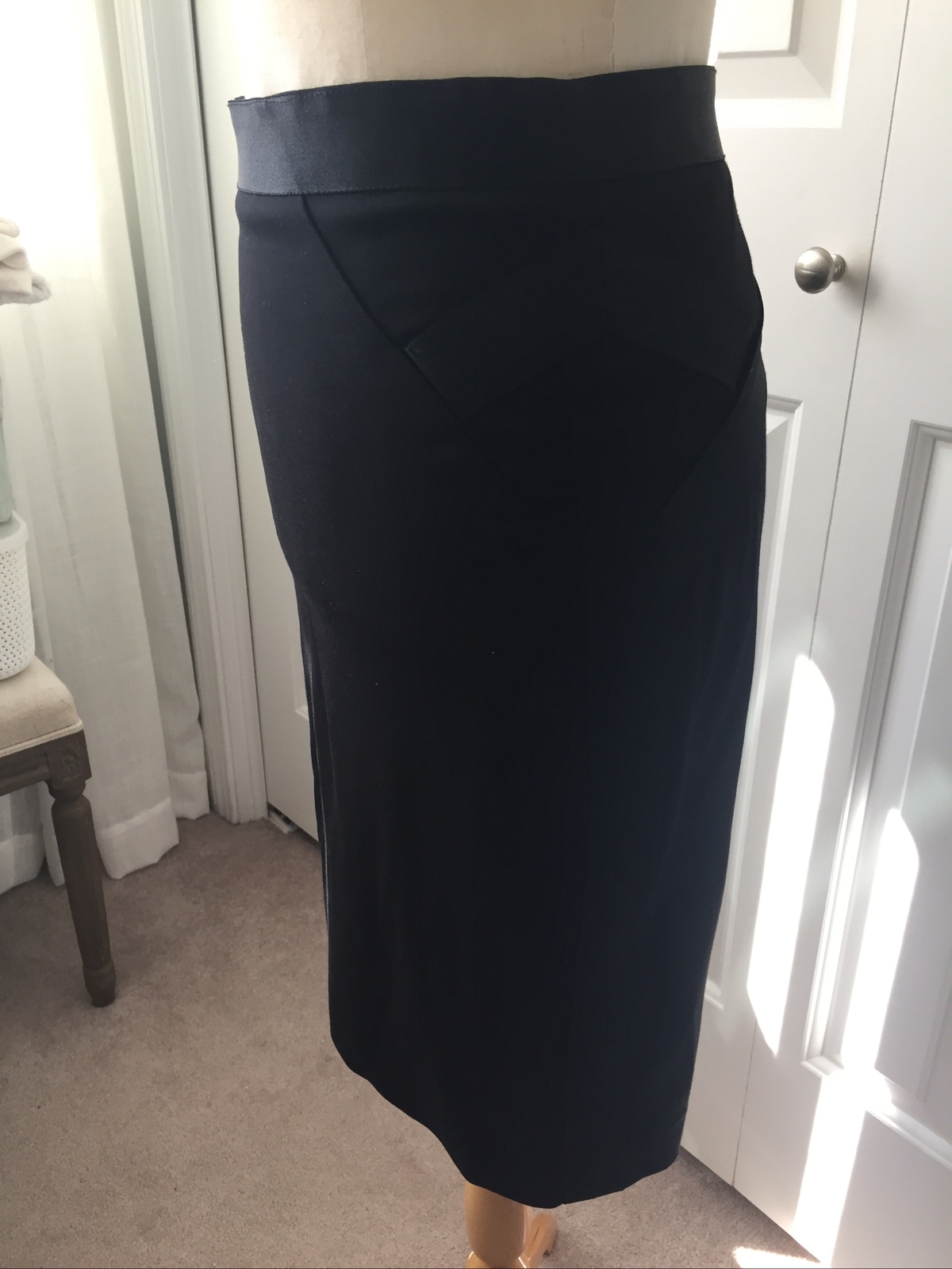 BEBE Skirt Pencil Midi Womens Sz 4 Black Satin Tr… - image 2