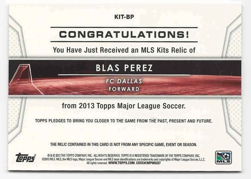 2013 Topps MLS Relics Blas Perez Jersey 1 color Fc Dallas #KIT-BP - Image 2 of 2