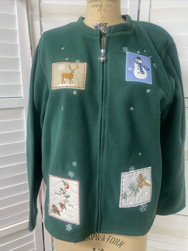 Christmas Polar Fleece Green Christmas Full Zip Embroidery Patches Snowflake LRG