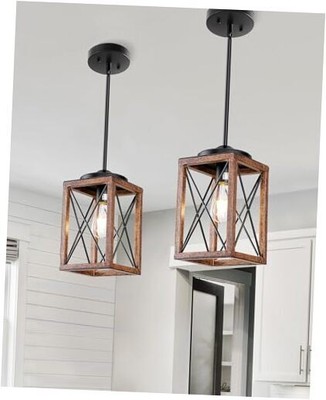  2 Pack Farmhouse Pendant Light, Metal Hanging Light Fixture with Wooden Grain 