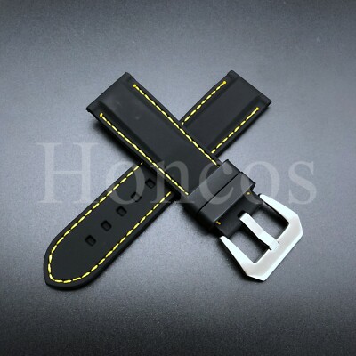 24MM WATCH BAND STRAP FITS FOR PANERAI LUMINOR GMT SILICONE BLACK/YELLOW RUBBER
