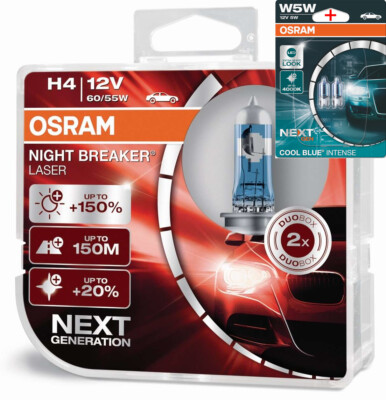 Osram H4 12V 60/55W night breaker laser +150% more brightness 2pcs + W5W Blue
