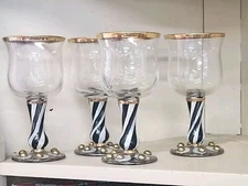 MACKENZIE CHILDS RETIRED BLACK GOLD TANGO COURTLY STRIPE WINE GLASS-one Glass