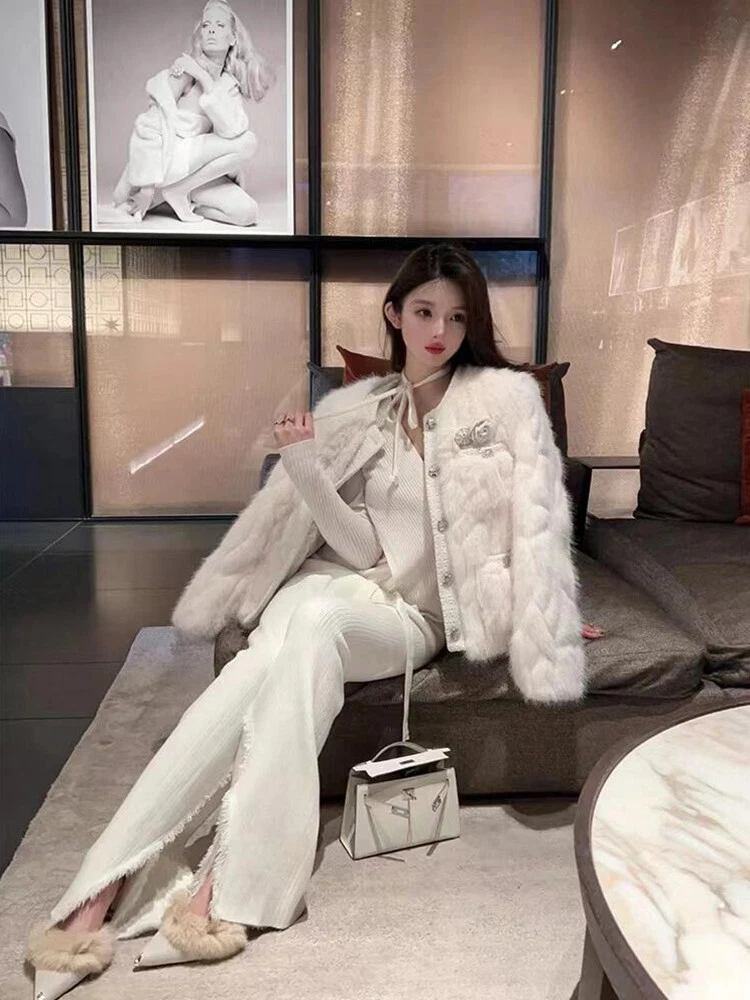 OFF WHITE Lussuoso cappotto pelliccia di volpe invernale donna corto pelliccia di volpe giacca slim caldo cappotti festa