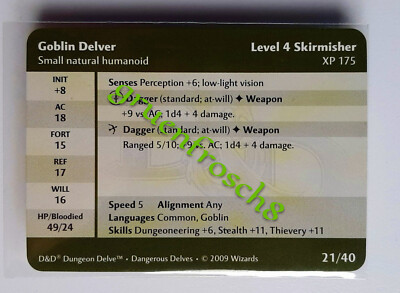  GOBLIN DELVER  21 U  DDM MONSTER MANUAL  DANGEROUS DELVES 2009  D&D STATS CARD