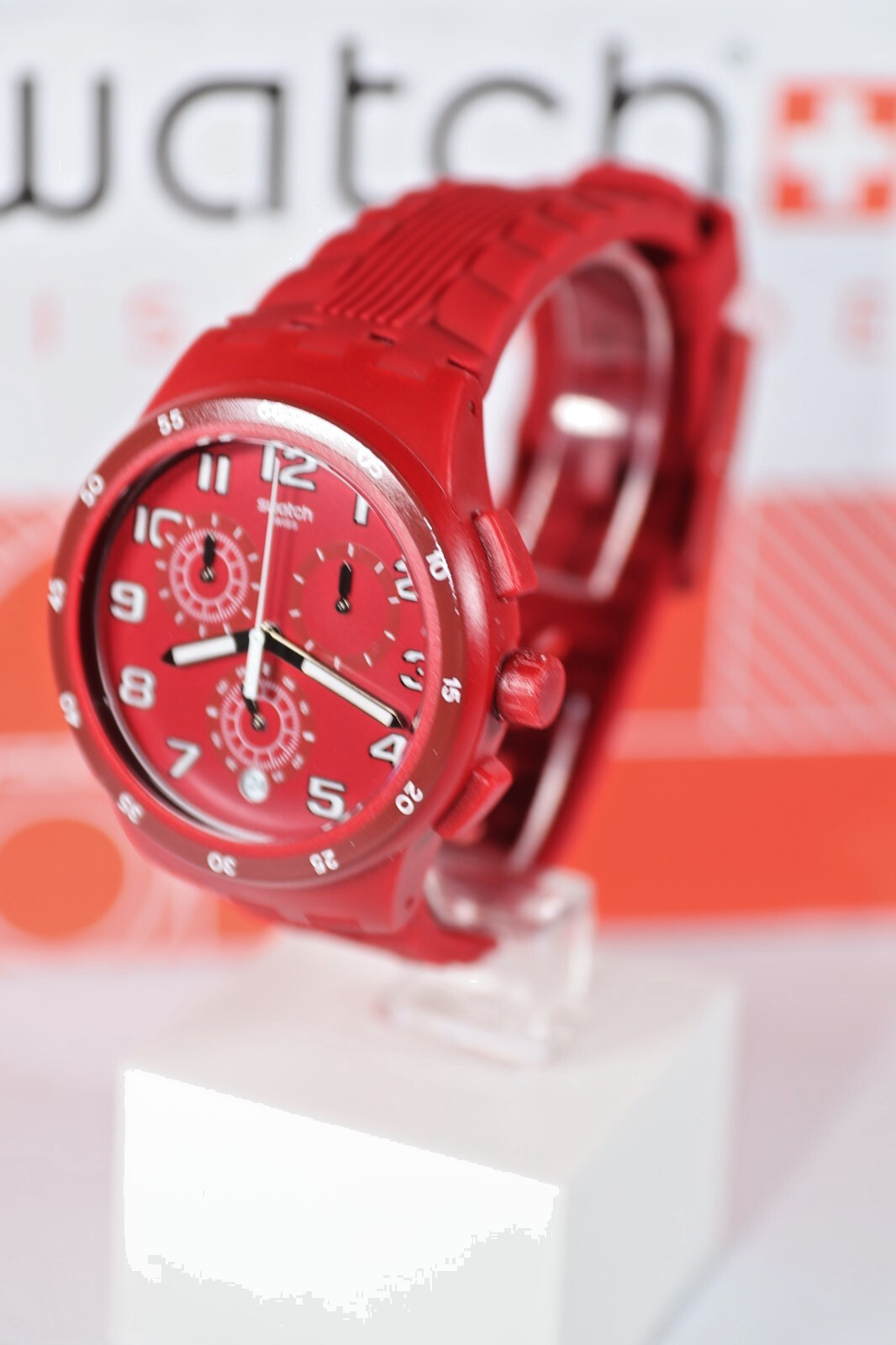 New Swiss Made Swatch Originals Red Step Chrono Silicone Watch 42mm SUSR404 Date