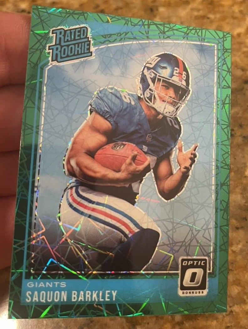SAQUON BARKLEY🔥MINT RATED ROOKIE GREEN VELOCITY PRIZM📈2018 DONRUSS OPTIC 156🦅