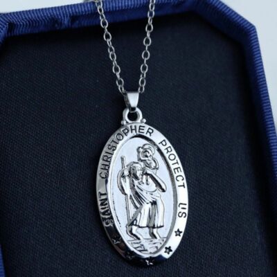 ST CHRISTOPHER PROTECT pendant 24'' Sterling Silver 925 necklace chain female men