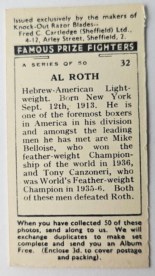 1938 Cartledge Razor Famous Prize Fighters Glossy #32 Al Roth (B) | eBay