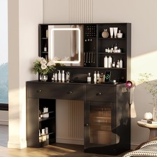 Vanity Desk with Sliding Mirror and Lights Glass Top Makeup Vanity Table