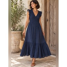 Quince Organic Cotton Smocked Maxi Dress Large Navy Blue Flutter Sleeve NWT