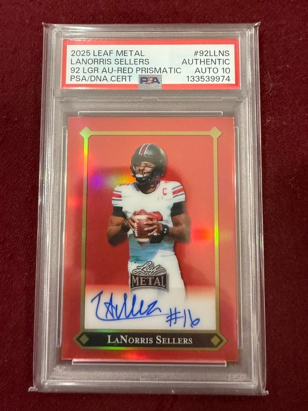 LaNorris Sellers 2025 Leaf Metal Red Prismatic Auto 4/15 PSA 10 Auto Grade