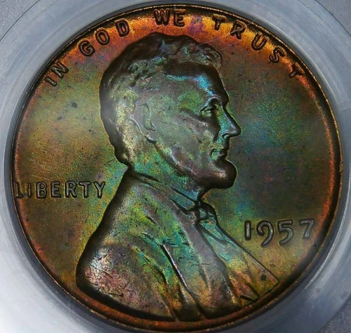 1957__MS 64 RB__Lincoln Cent__COLOR TONED__PCGS, Penny, Unc Coin
