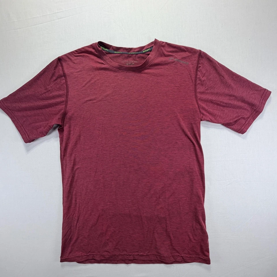Brooks Men Red Heathered Short Sleeve Running Shirt "Run Happy" Activewear - Image 2 of 4