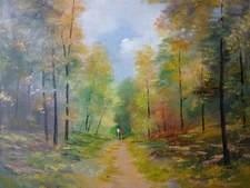 Séta az erdőben, 50x70 cm, festmény, tájkép HUNYA BÉLA