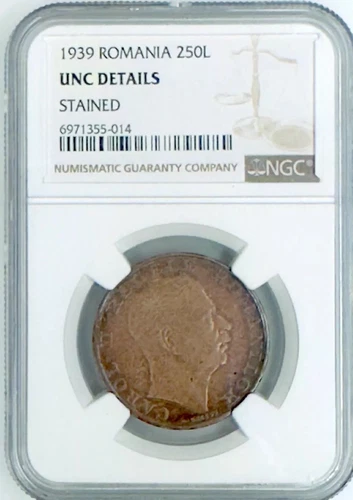 Romania 250 lei 1939, Carol II, NGC UNC Details silver .835 coin, rare