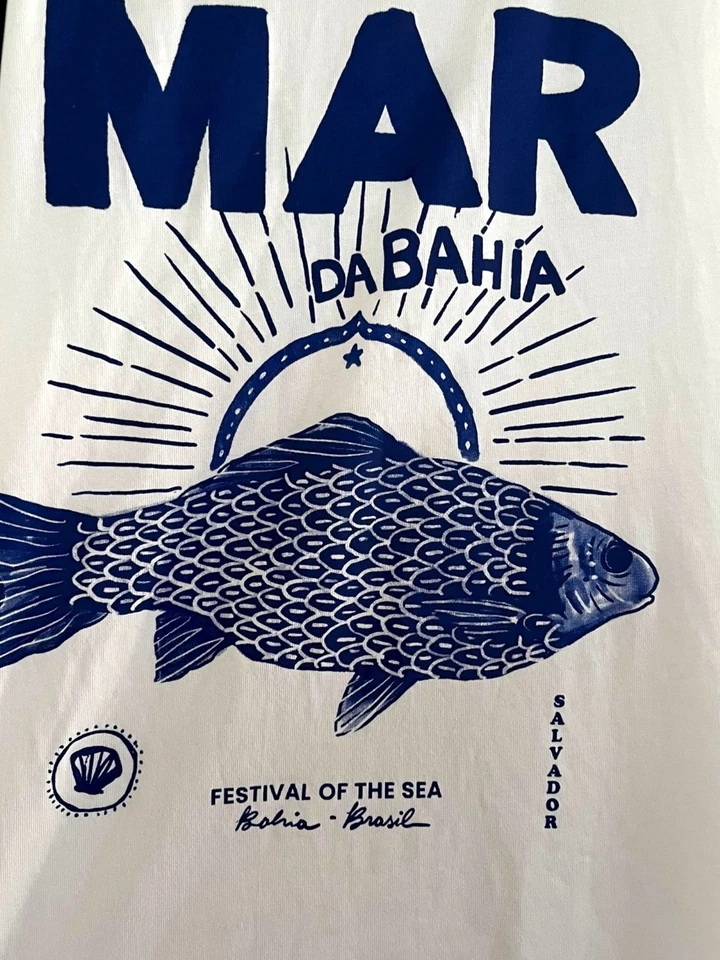 Mono Farm Rio Pequeño Alberto Pitta Mar Da Bahia Blanco Azul Estampado Mameluco Playa Foto 3 de 4