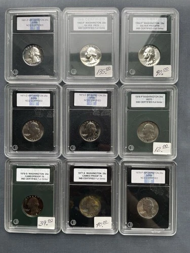 9pc Washington Quarter Lot Silver Proof & Uncirculated Coins Holders