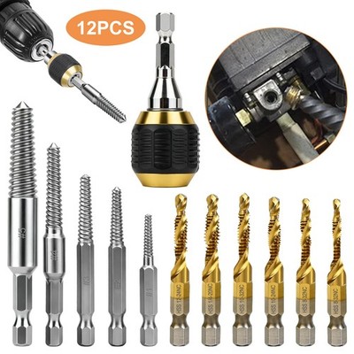 12x Broken Screw Extractor &Tap Drill Set 1/4'' Hex Shank M3 M10 Titanium HSS Bit